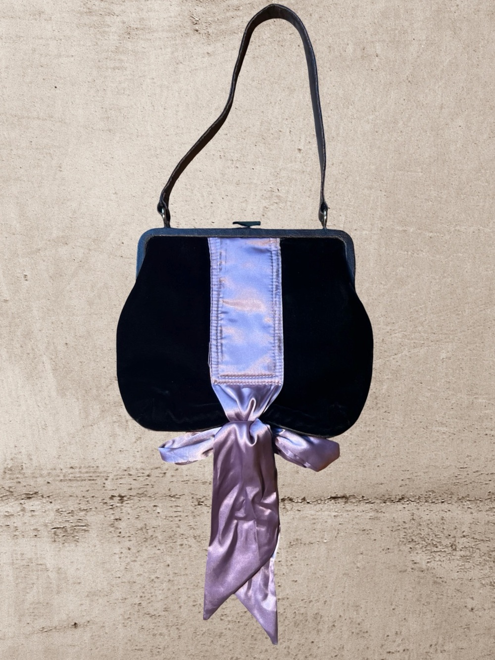 Vintage United Colors of Benetton Black Velvet Evening Bag with Purple Satin Bow